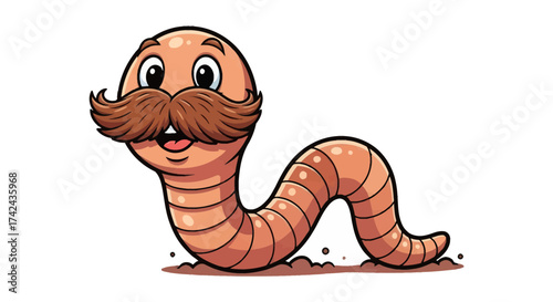 Cartoon earthworm with a fancy mustache and cheerful expression, charming design