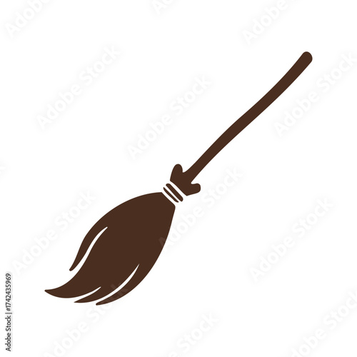 A brown cartoon style witch's broom is displayed on a white background, often associated with Halloween and witches.