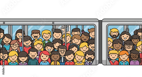 Cartoon illustration featuring diverse people crowding within the train cabin scene