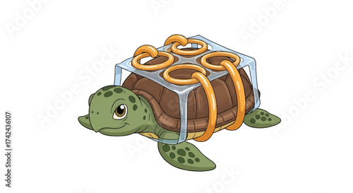 Cartoon turtle entangled in plastic beverage rings illustrates the impact of pollution on wildlife