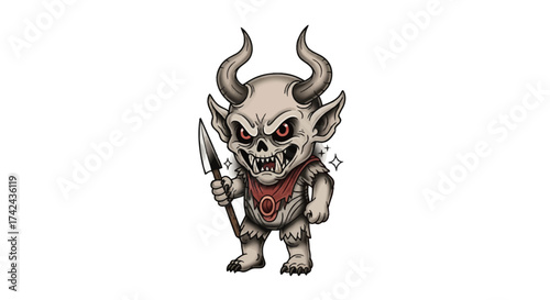 Cartoonish demonic creature with horns holding a spear isolated on a white backdrop