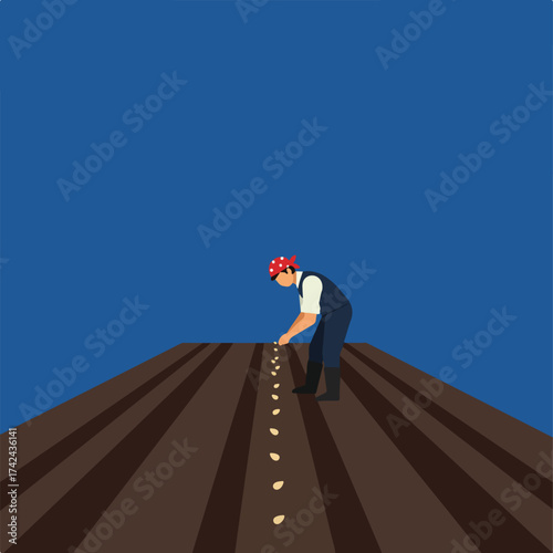 Farmer sowing seeds in plowed earth under a clear blue sky