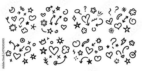 Collection of hand drawn doodle elements including hearts stars arrows question marks and swirls on white background