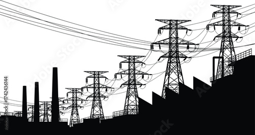 High voltage electricity transmission towers with power lines at industrial area, energy infrastructure concept, electric grid, renewable energy, power distribution
