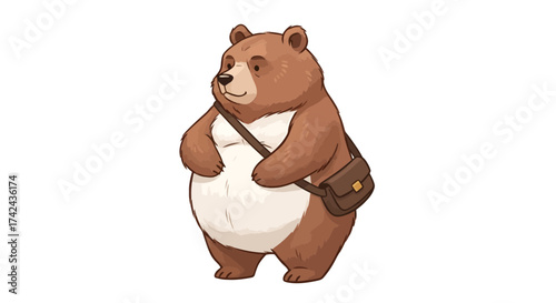 Charming cartoon bear illustration donning a messenger bag ready for a woodland journey