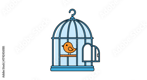 Charming cartoon bird illustration inside ornate cage, vibrant blue line art style, minimalistic