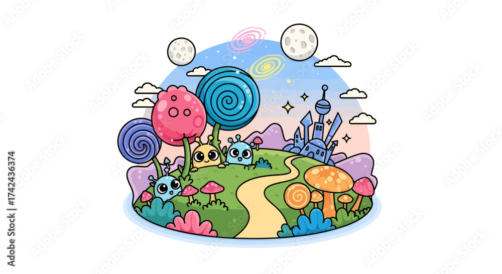 Fototapeta premium Enchanting alien landscape with whimsical creatures and candy trees for imaginative concepts