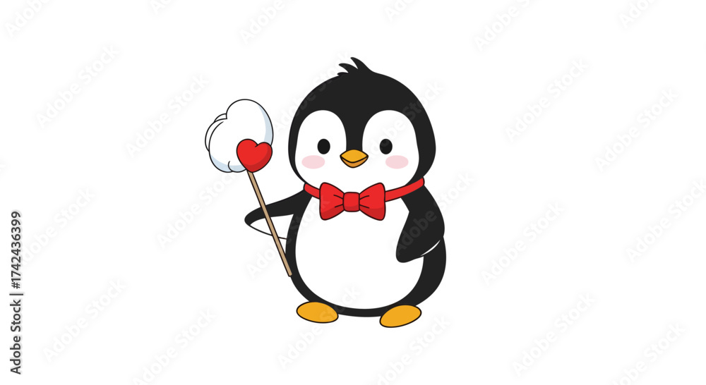 Fototapeta premium Enchanting penguin illustration holding a heart wand for Valentine's Day festivities