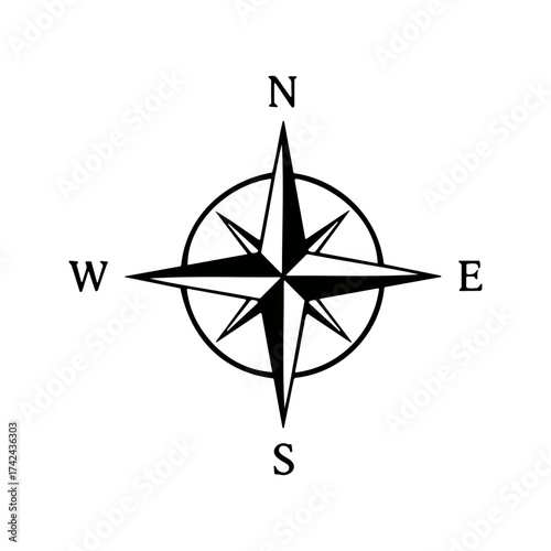 The compass rose illustration shows the directions of north, south, east, and west for navigational purposes, indicating directionality on a white background.