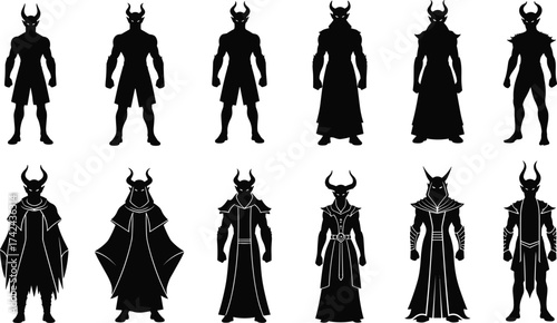 Horned demon silhouette, fantasy character design, mythical creature illustration, dark warrior concept, robed sorcerer figure, vector art, shadow monster, evil entity, cloaked villain