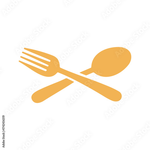 Cutlery such as a fork and spoon in light orange cross each other and they are commonly used for eating meals, desserts, or other foods.