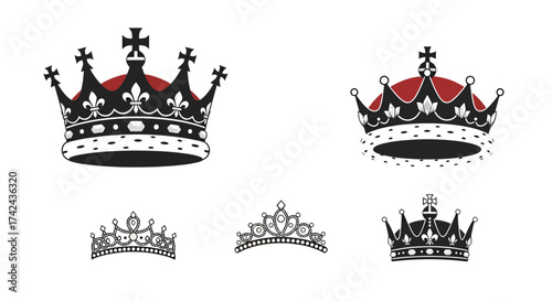 Elegant vector illustration showcasing a collection of royal crowns and tiaras design elements