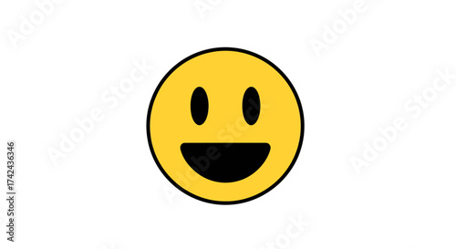 Cheerful yellow smiley face with simple black features on a white background