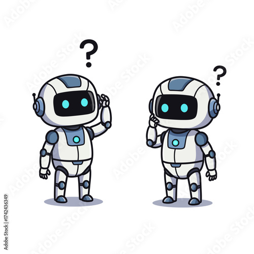 Two cute cartoon robots with question marks above their heads look confused and thoughtful.