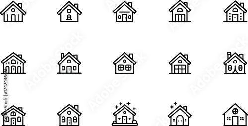 Collection of House Icons in Black and White Minimalist Style Set