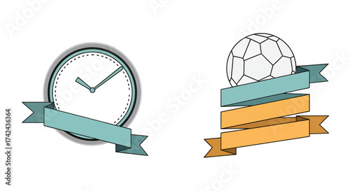 Clock and soccer ball emblems over ribbon banner promoting sporting events organization