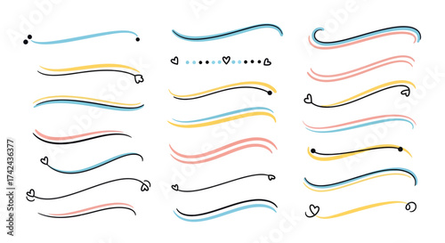 Collection of creative lines and text dividers, featuring elegant heart accents, suitable for