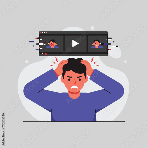 Frustrated person with hands on head, distressed by glitching online video content