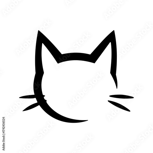 The minimalist illustration shows a stylized black cat head with pointy ears and short whiskers on a plain white background.