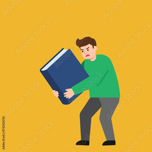 Frustrated person struggling to carry a large, heavy book