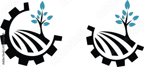 Set of Two Abstract Logos for Sustainable Agribusiness and Technology, Vector Icons of Tree, Farm Field, and Mechanical Gear for Eco-Innovation