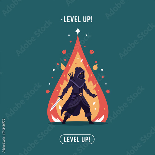 Fierce robed figure stands in fire, text announces a level up
