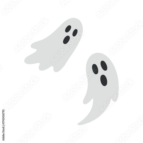 Two simple gray ghosts with oval eyes and mouth float around and haunt on a white plain background.