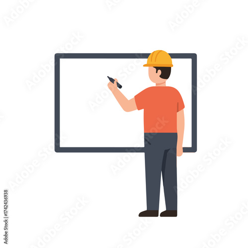 Worker in hard hat writing on a blank whiteboard