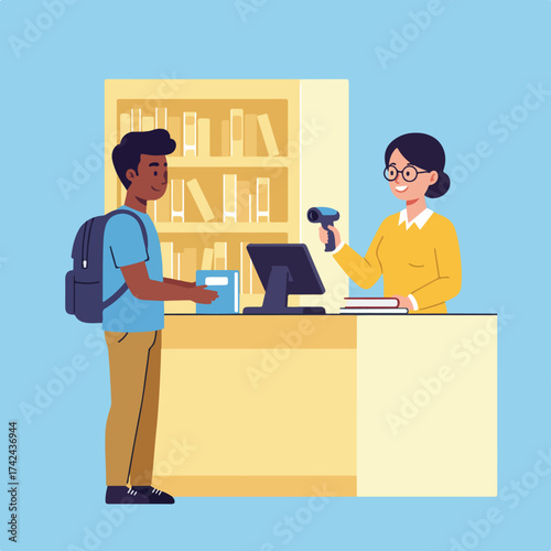 Young person checking out books at a library with a librarian using a scanner