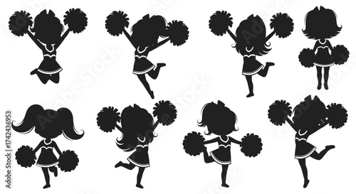 Silhouette set of cheerleaders with pom-poms showing team spirit in various poses of celebration