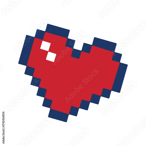Pixel art is used to represent a heart symbol, commonly used in video games, created using simple geometric shapes and a limited color palette.
