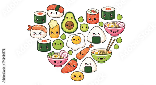 Heart-Shaped Composition of Adorable Cartoon Food Characters Japanese Cuisine Concept