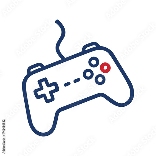 A gamepad controller with a cable is shown on a white background; the device allows video game play and entertainment purposes.