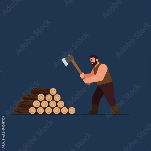 Bearded woodsman with axe poised over stacked logs