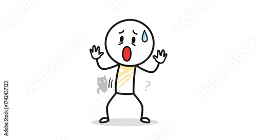 Stick figure in panic, shadow monster, surprised expression, anxiety illustration, unknown threat