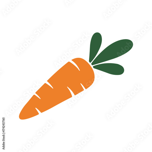A vector graphic shows a carrot with small, horizontal notches along its side and three leafy sprouts from the top in dark green.