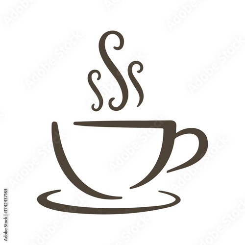 A brown graphic depicts a stylized coffee cup on a saucer with curling steam rising upwards, indicating a hot beverage.