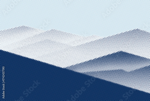 Halftone mountain landscape with dotted geometric peaks in blue shades, vector illustration.
