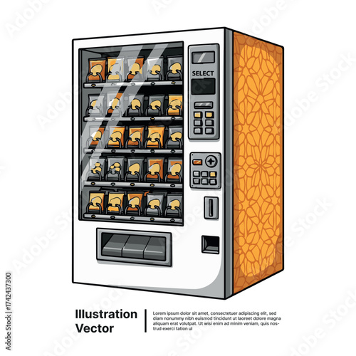 Detailed illustration of a modern automatic vending machine dispensing various retail products for convenience
