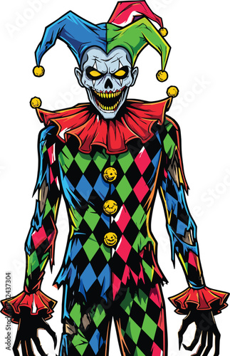 Sinister skeletal jester, colorful diamond costume, glowing red eyes, creepy grin, horror fantasy character, surreal Halloween concept, stylized clown illustration