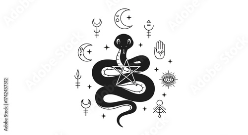 Stylized occult imagery with snake, pentagram and lunar elements on a light background