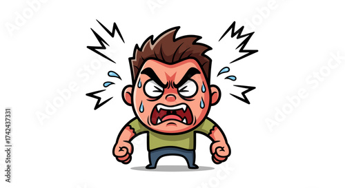Illustration of an enraged man, a cartoon character displaying intense anger and stress reaction