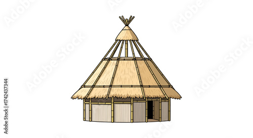 Illustration of a traditional bamboo hut with a conical thatch roof structure