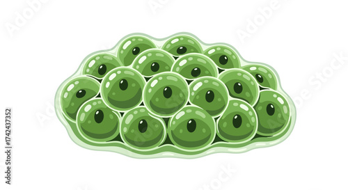 Illustration of clustered green spheroids in a clear matrix evoking organic growth or biological