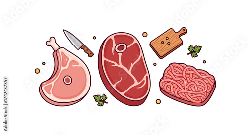 Illustration of various fresh meat cuts with a knife and a cutting board for cooking
