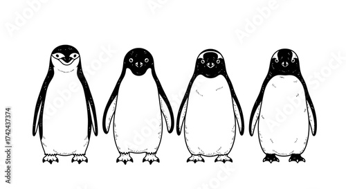 Illustrative charm: A quartet of stylized penguins in monochrome digital drawing