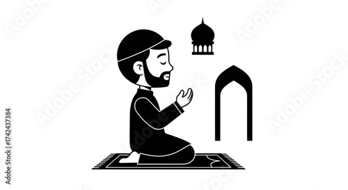 Illustrative depiction of a Muslim man praying with mosque elements and prayer rug in monochrome