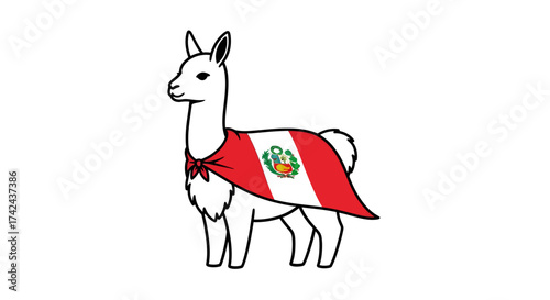 Illustrative alpaca adorned with the flag of Peru presenting cultural representation and