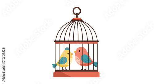 Two stylized birds affectionately sharing a cage, symbolizing love or companionship