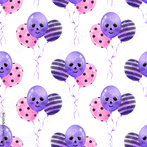 Seamless pattern with  balloons. Сute vector watercolor background with illustrations for the design of cards, posters for Halloween day,  paper, wrapping, packaging, wallpaper, textiles